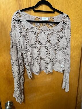Bluivy Soft Taupe Crochet Openwork Pullover